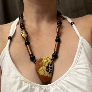 Gold and Black Necklace with Tribal Inspired Pendant